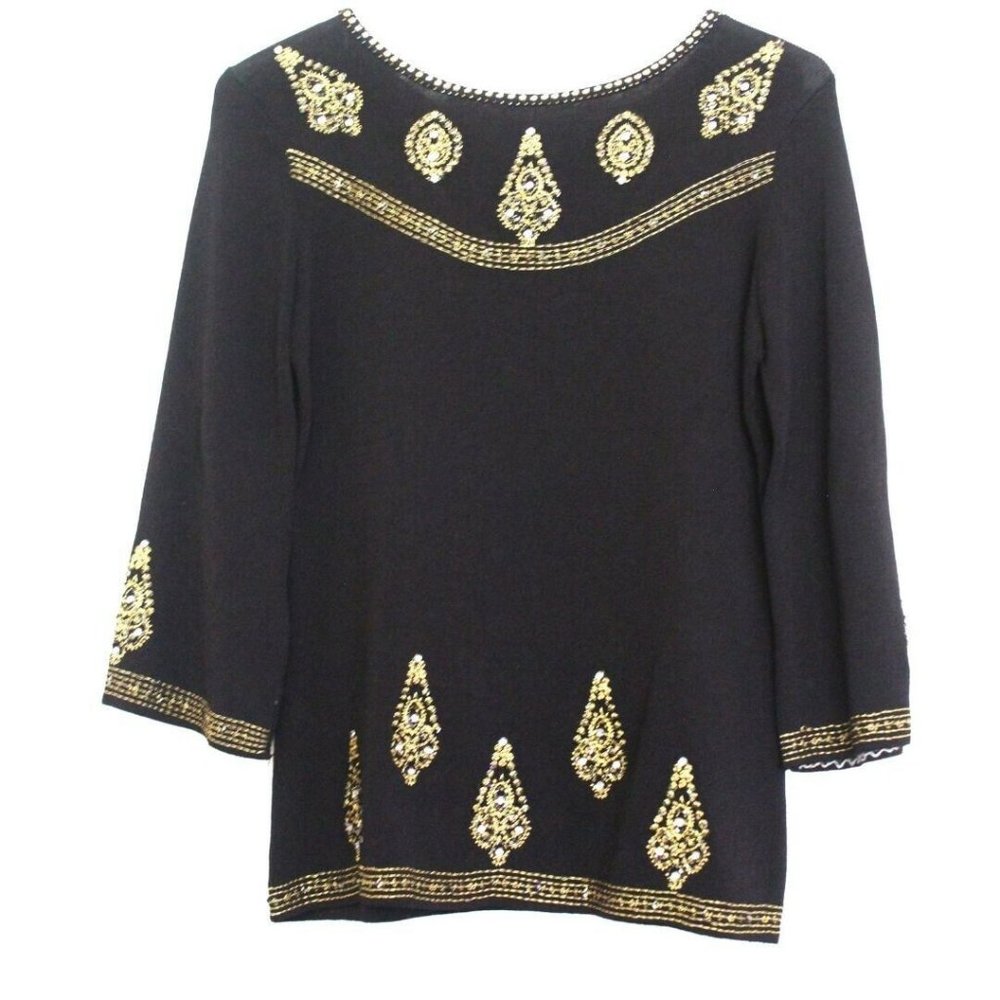 Vintage Joseph A Embellished Sweater Rhinestone Beading Black Goth Grunge Sz M.